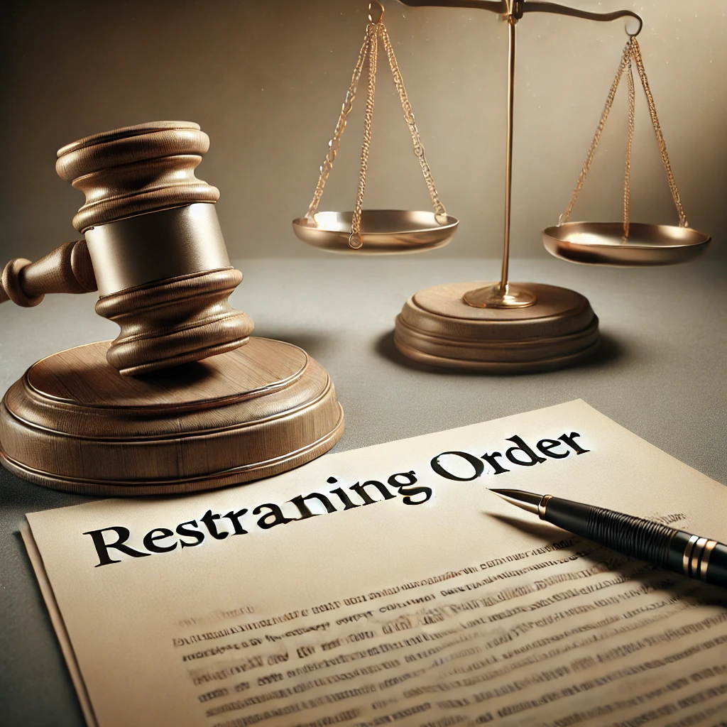 DALL·E 2024 12 13 15.12.03 An artistic representation of a restraining order concept showing a gavel a legal document labeled Restraining Order and scales of justice. The b